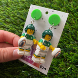 Rugby Guy Brick Character Dangle Earrings - Featuring a Bright Green Top!