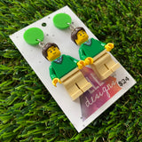 Green shirt Guy Brick Character Dangle Earrings - Featuring a Bright Green Top!