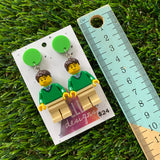 Green shirt Guy Brick Character Dangle Earrings - Featuring a Bright Green Top!