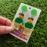 Green shirt Guy Brick Character Dangle Earrings - Featuring a Bright Green Top!