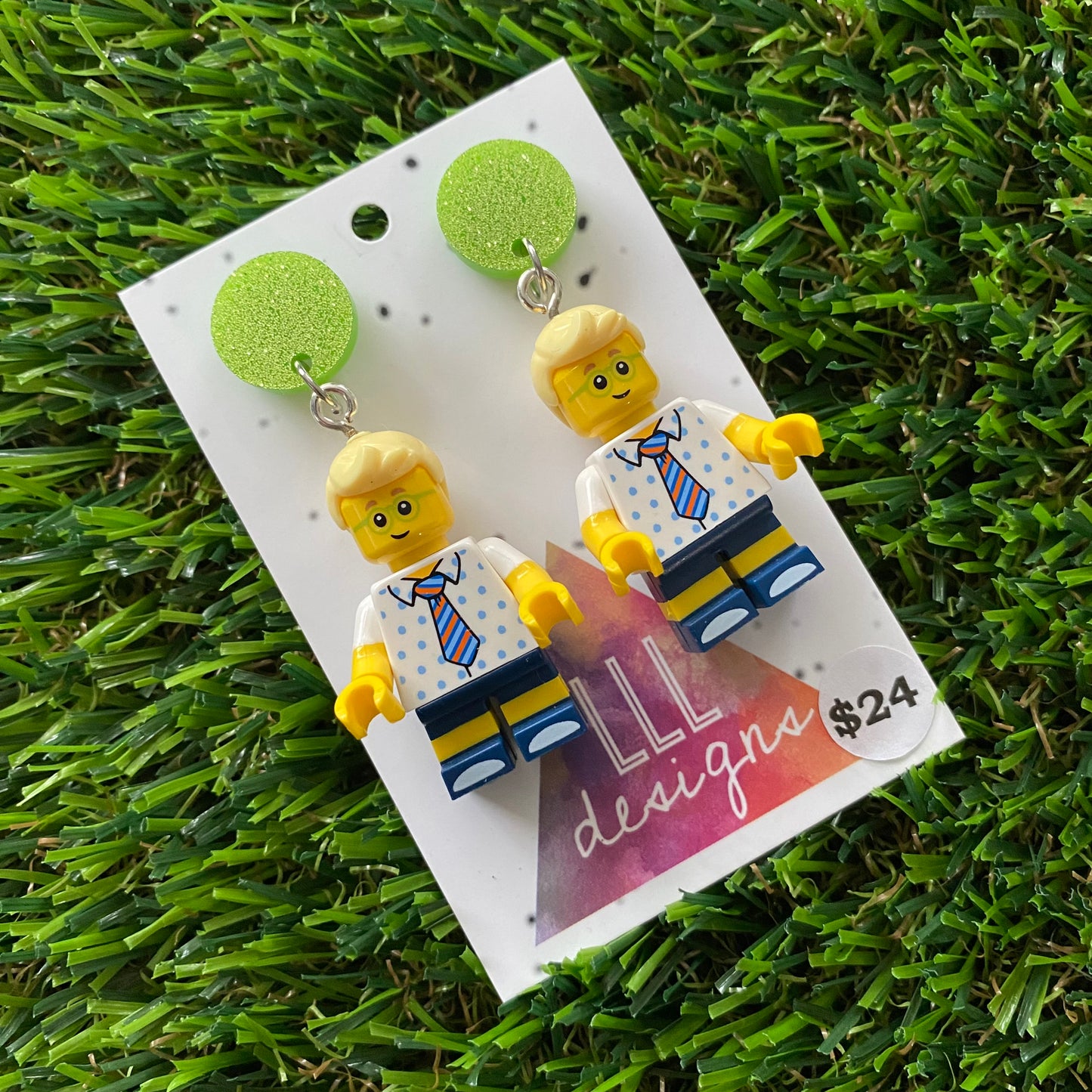 Birthday Boy Brick Character Dangle Earrings - Featuring a Glittery Light Green Top!