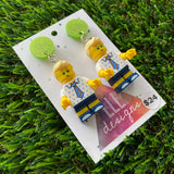 Birthday Boy Brick Character Dangle Earrings - Featuring a Glittery Light Green Top!