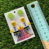 Birthday Boy Brick Character Dangle Earrings - Featuring a Glittery Light Green Top!