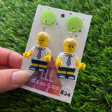 Birthday Boy Brick Character Dangle Earrings - Featuring a Glittery Light Green Top!