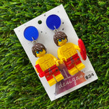 Lifeguard Brick Character Dangle Earrings - Featuring a Mirror Blue Top!