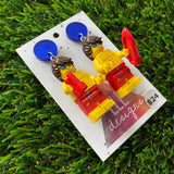 Lifeguard Brick Character Dangle Earrings - Featuring a Mirror Blue Top!