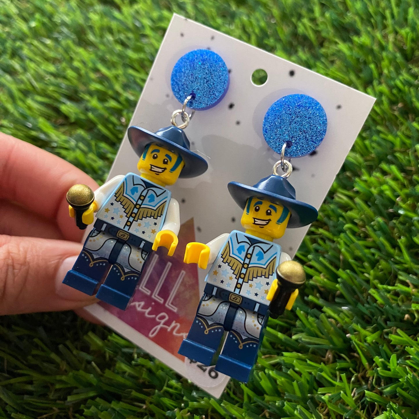 Disco Cowboy Brick Character Dangle Earrings - Featuring a Glittery Blue Top!