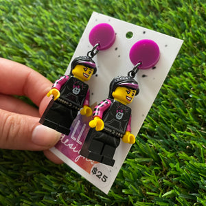 Punk Teenager Brick Character Dangle Earrings - Featuring a Purple Top!