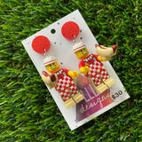 Hot Dog Vendor Brick Character Dangle Earrings - Featuring a Glittery Red Top!