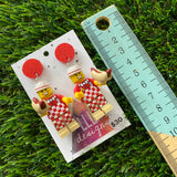 Hot Dog Vendor Brick Character Dangle Earrings - Featuring a Glittery Red Top!