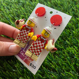 Hot Dog Vendor Brick Character Dangle Earrings - Featuring a Glittery Red Top!