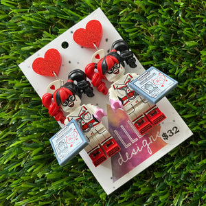 Female Superhero Brick Character Dangle Earrings - Featuring a Glittery Red Heart Top!