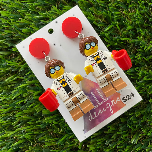 Lab Technician Brick Character Dangle Earrings - Featuring a Red Top and Coffee Cup Acessory!