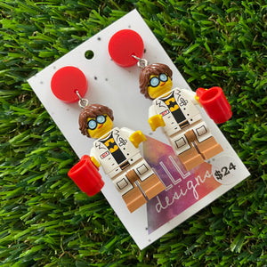 Lab Technician Brick Character Dangle Earrings - Featuring a Red Top and Coffee Cup Acessory!