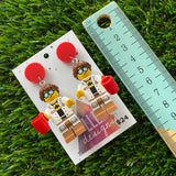 Lab Technician Brick Character Dangle Earrings - Featuring a Red Top and Coffee Cup Acessory!