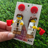 Lab Technician Brick Character Dangle Earrings - Featuring a Red Top and Coffee Cup Acessory!