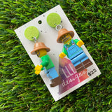 Farmer Fred Brick Character Dangle Earrings - Featuring a Glittery Light Green Top!