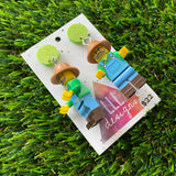 Farmer Fred Brick Character Dangle Earrings - Featuring a Glittery Light Green Top!