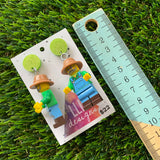 Farmer Fred Brick Character Dangle Earrings - Featuring a Glittery Light Green Top!