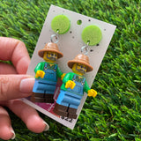 Farmer Fred Brick Character Dangle Earrings - Featuring a Glittery Light Green Top!