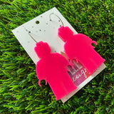 Hot Pink Brick Man Hoop Earrings (Large) - Featuring Silver Hoops!