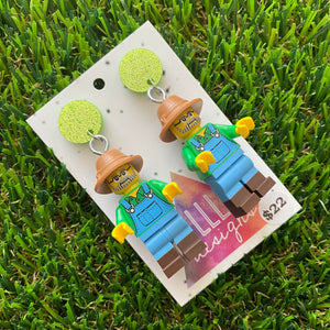 Farmer Fred Brick Character Dangle Earrings - Featuring a Glittery Light Green Top!