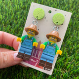 Farmer Fred Brick Character Dangle Earrings - Featuring a Glittery Light Green Top!