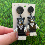 Black Dress Up Kitty Brick Character Dangle Earrings - Featuring a Glittery Black Top!