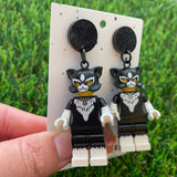 Black Dress Up Kitty Brick Character Dangle Earrings - Featuring a Glittery Black Top!