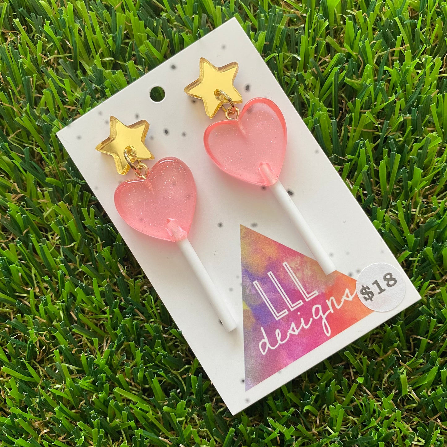 Pink Heart Lollipop Dangle Earrings Featuring Gold Mirror Star Top!