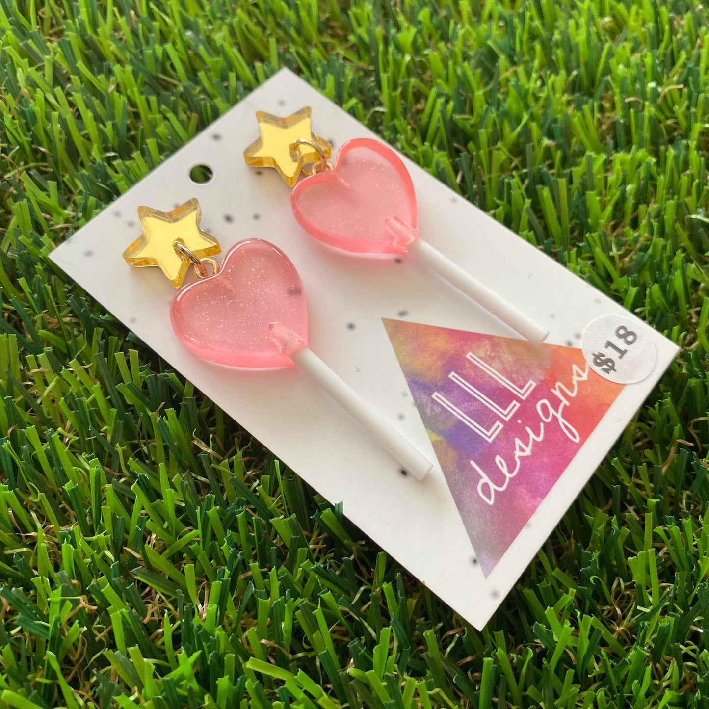 Pink Heart Lollipop Dangle Earrings Featuring Gold Mirror Star Top!