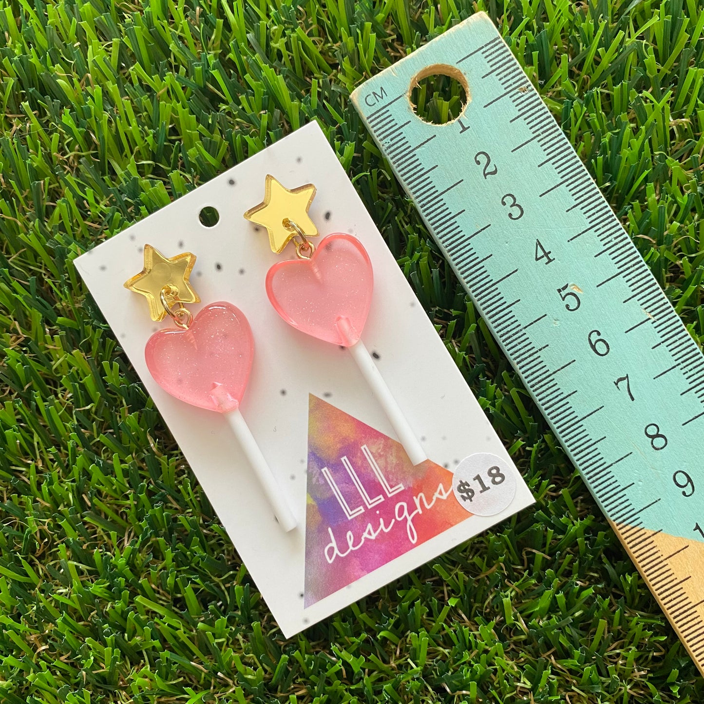 Pink Heart Lollipop Dangle Earrings Featuring Gold Mirror Star Top!