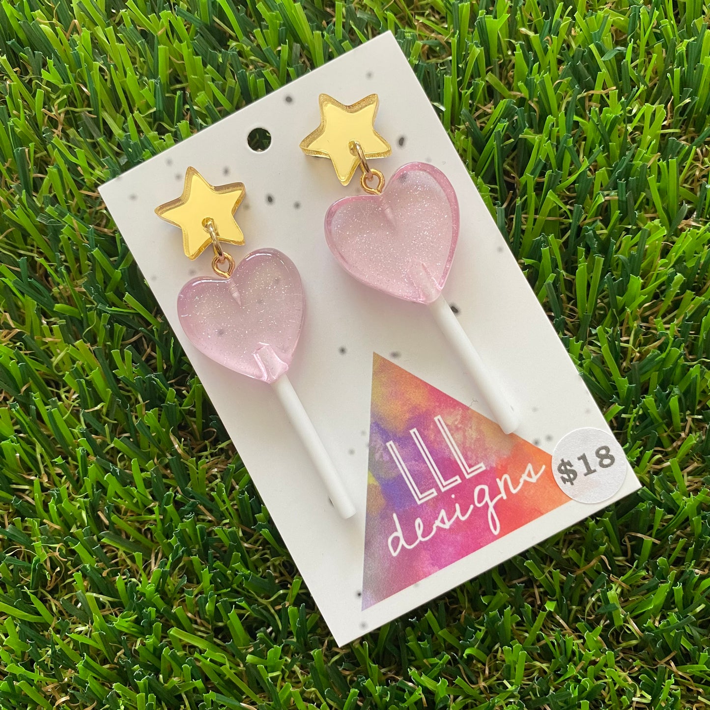Lavender Heart Lollipop Dangle Earrings Featuring Gold Mirror Star Top!