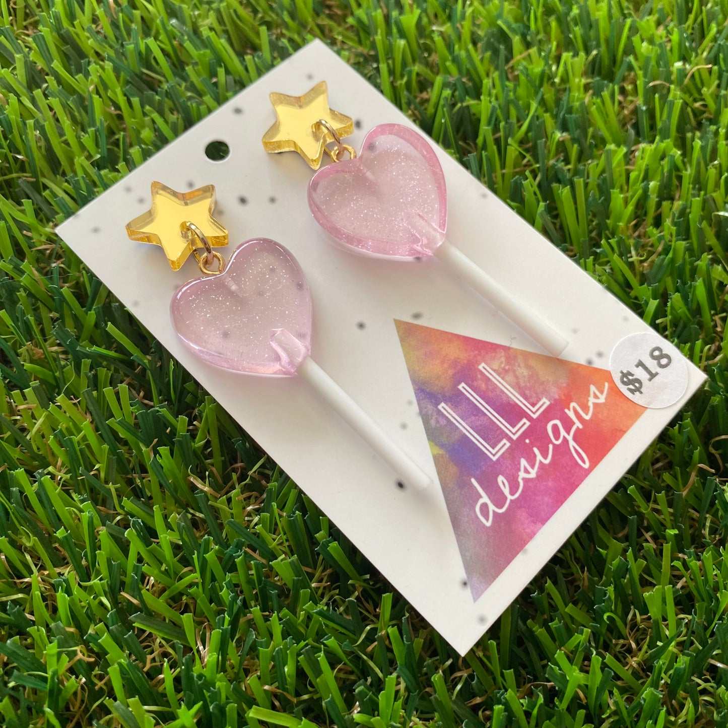 Lavender Heart Lollipop Dangle Earrings Featuring Gold Mirror Star Top!