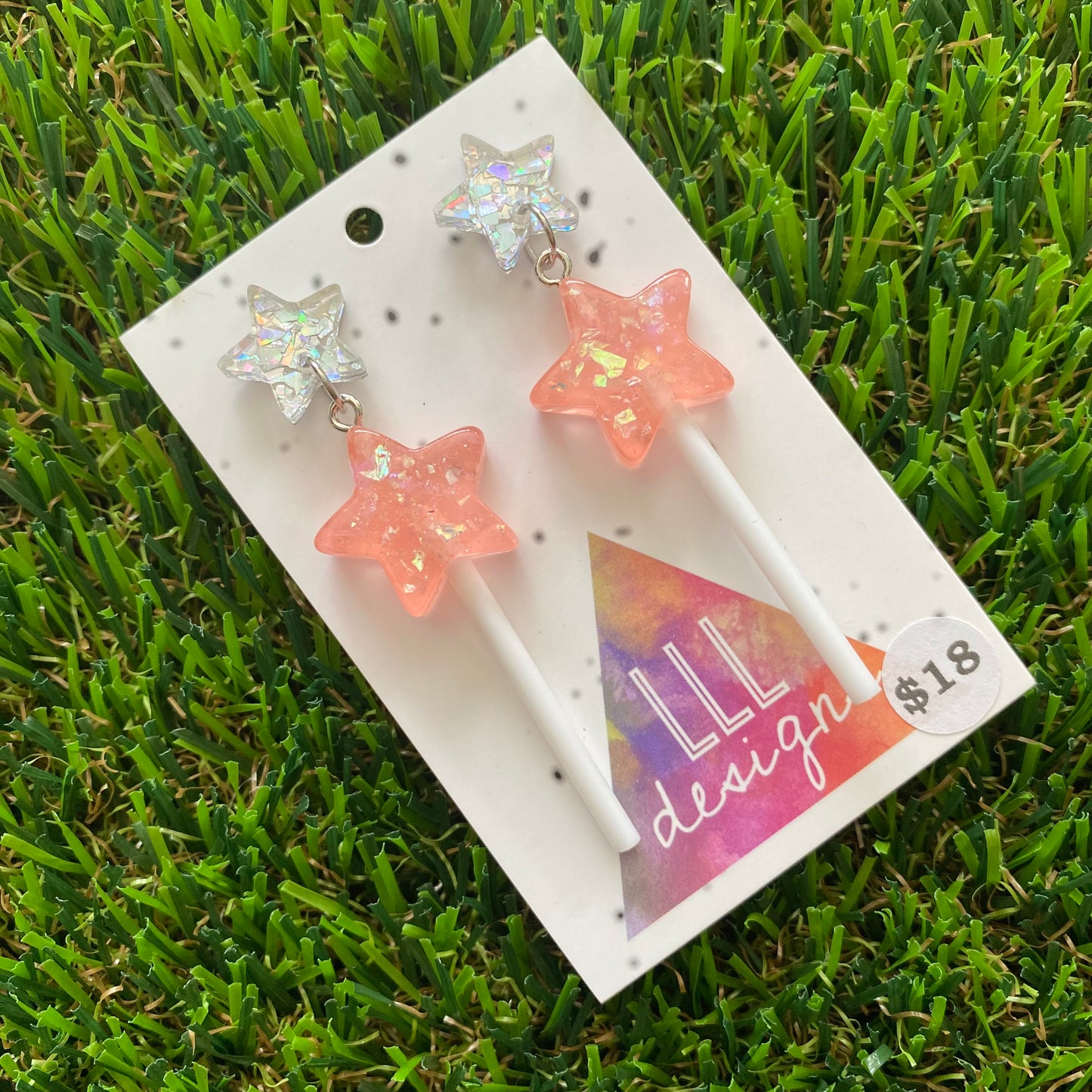 Light Pink Iridescent Glitter Star Lollipop Dangle Earrings Featuring Silver Star Top!