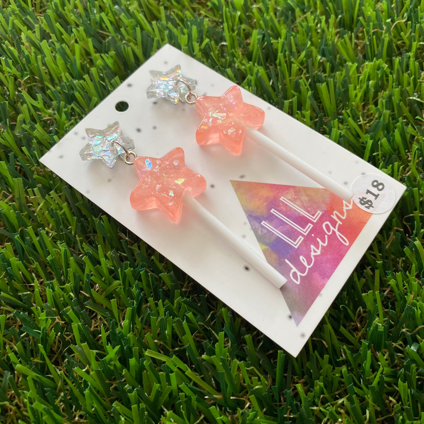 Light Pink Iridescent Glitter Star Lollipop Dangle Earrings Featuring Silver Star Top!