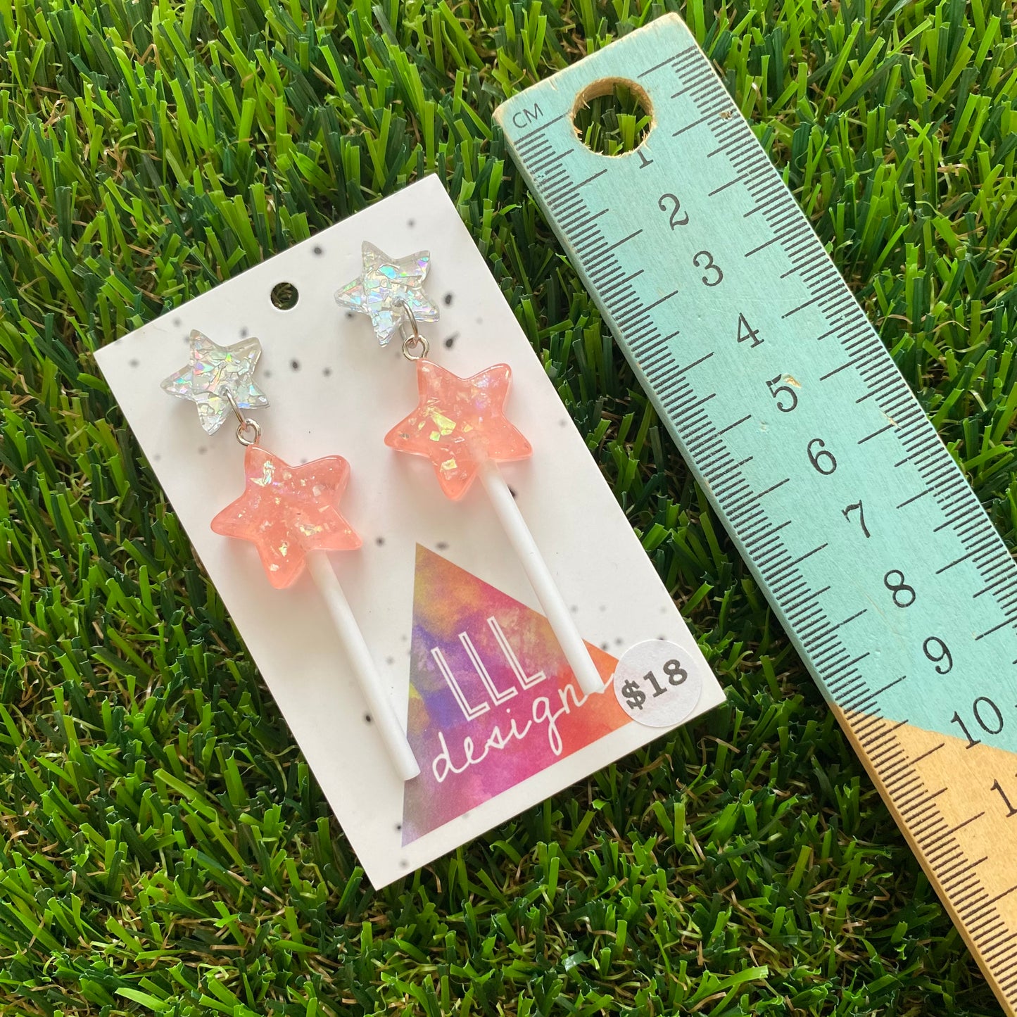 Light Pink Iridescent Glitter Star Lollipop Dangle Earrings Featuring Silver Star Top!