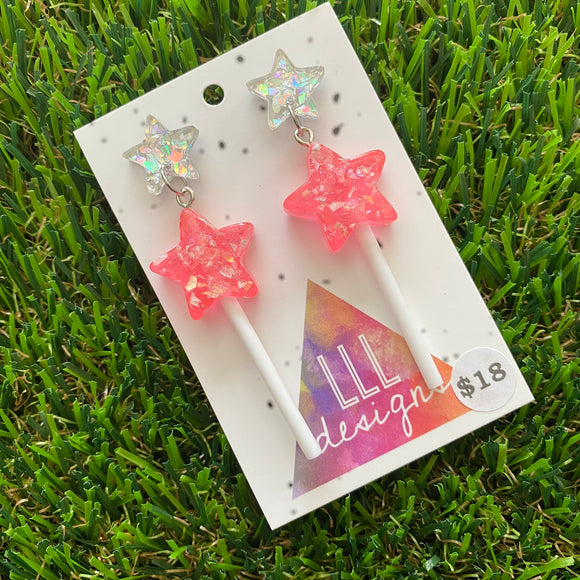 Bright Pink Iridescent Glitter Star Lollipop Dangle Earrings Featuring Silver Star Top!
