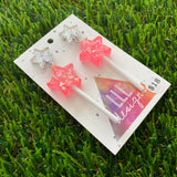 Bright Pink Iridescent Glitter Star Lollipop Dangle Earrings Featuring Silver Star Top!