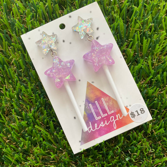 Lavender Iridescent Glitter Star Lollipop Dangle Earrings Featuring Silver Star Top!
