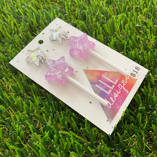 Lavender Iridescent Glitter Star Lollipop Dangle Earrings Featuring Silver Star Top!