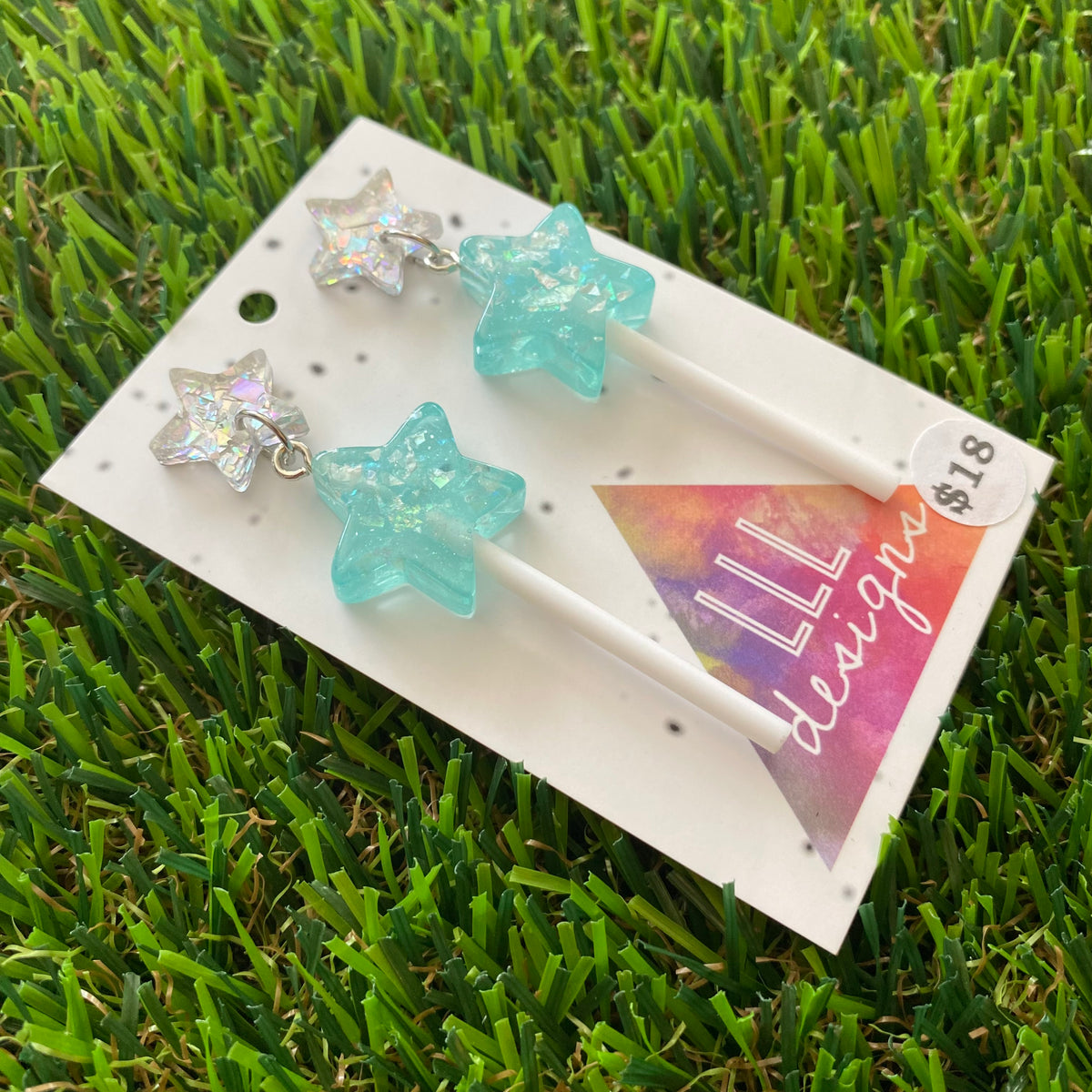 Sky Blue Iridescent Glitter Star Lollipop Dangle Earrings Featuring Silver Star Top!