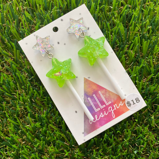 Lime Green Iridescent Glitter Star Lollipop Dangle Earrings Featuring Silver Star Top!