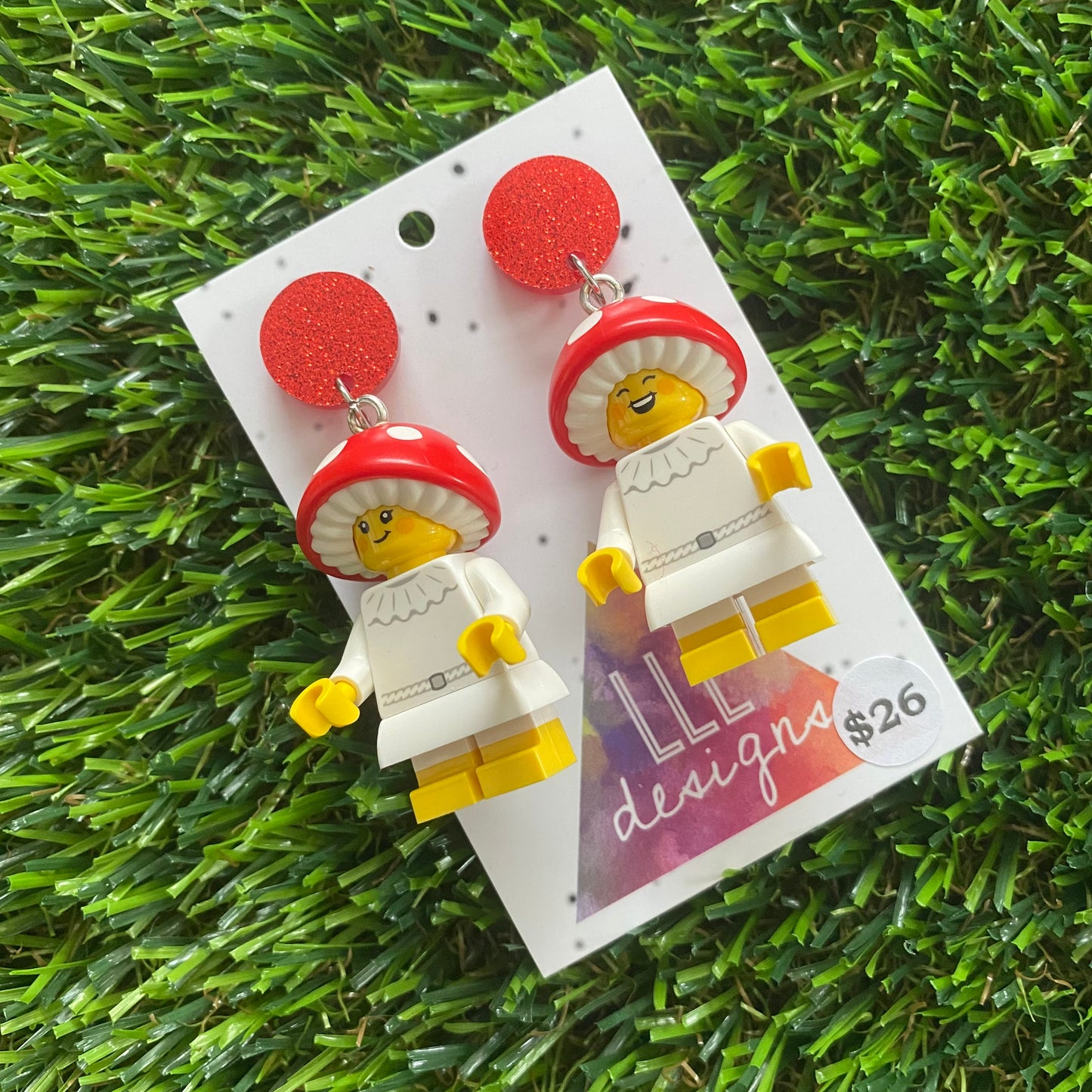 Magical Mushroom Girl Brick Character Earrings - Featuring Glittery Red Top!