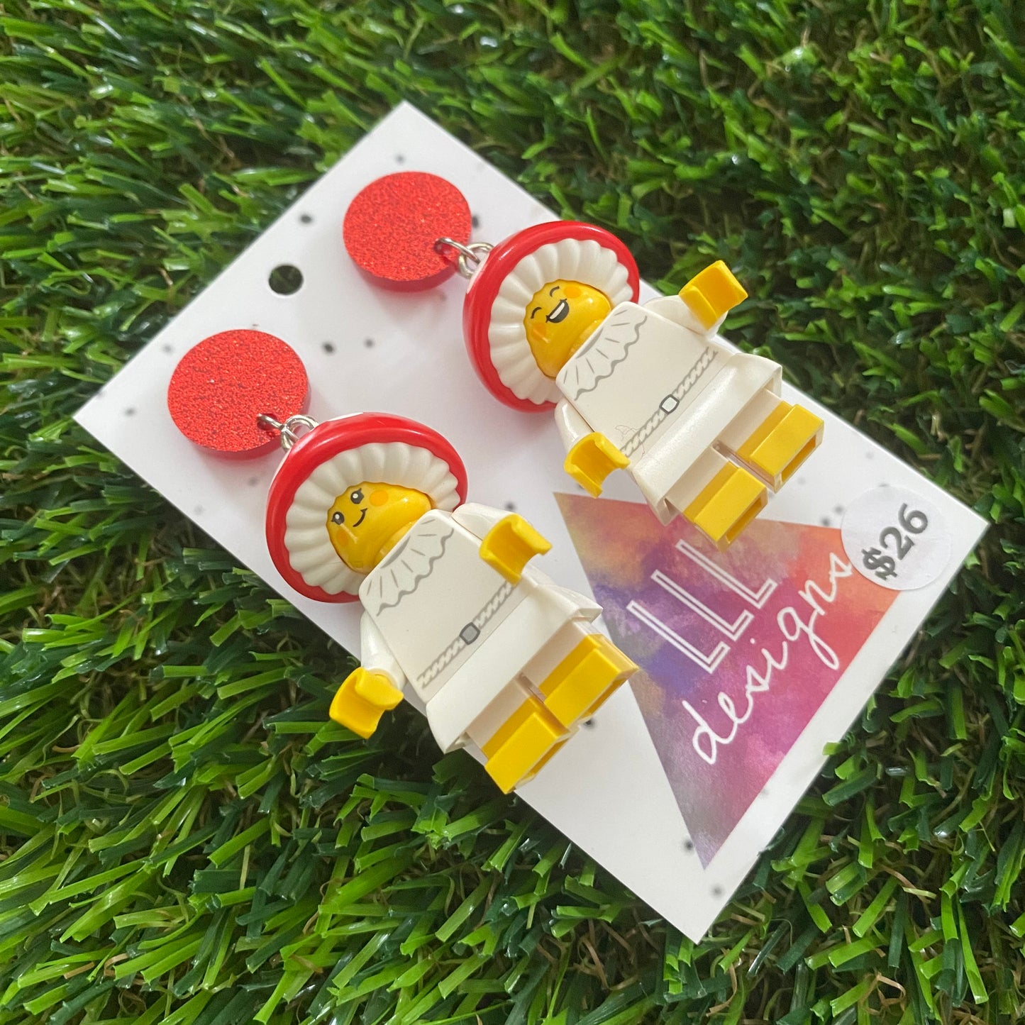 Magical Mushroom Girl Brick Character Earrings - Featuring Glittery Red Top!