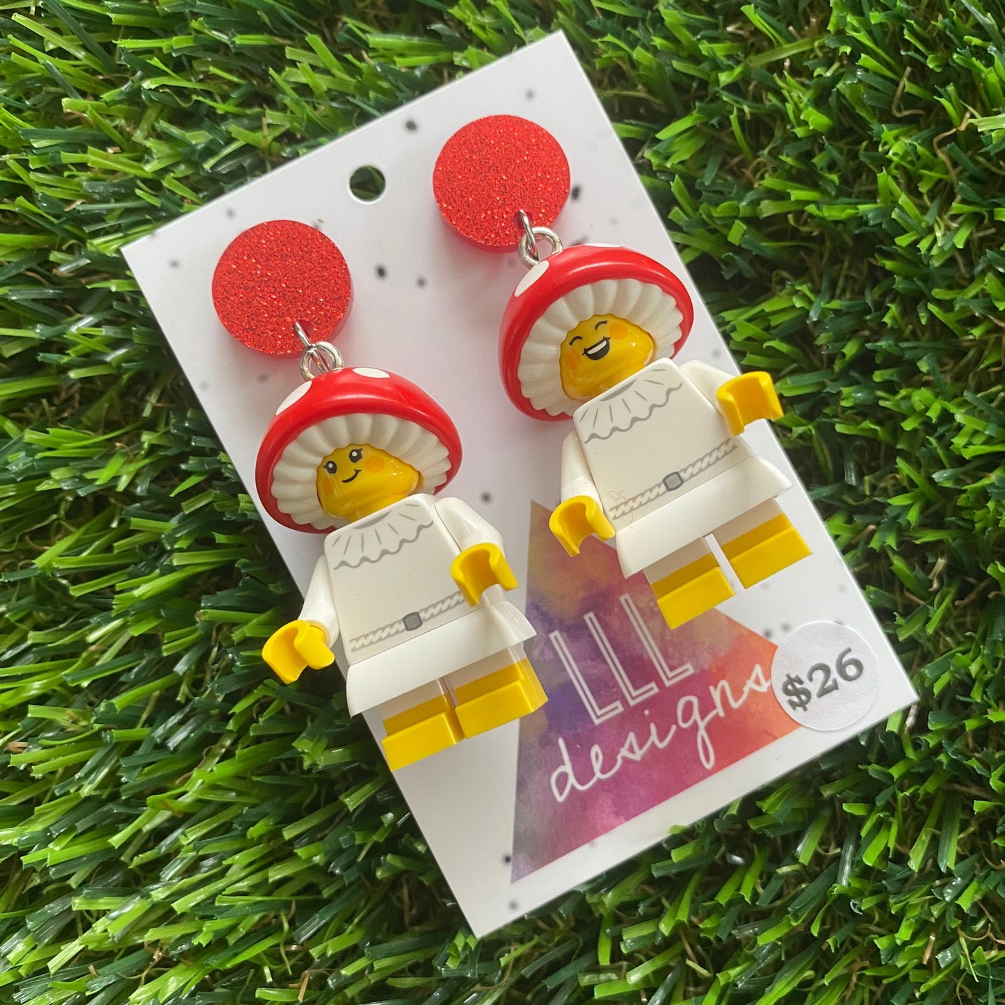 Magical Mushroom Girl Brick Character Earrings - Featuring Glittery Red Top!