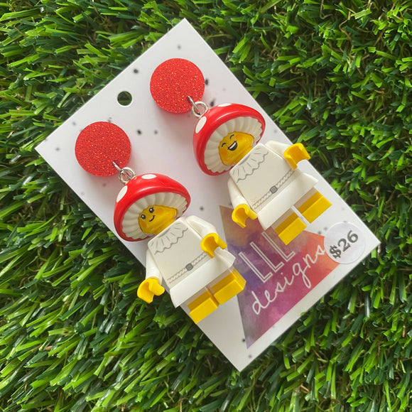 Magical Mushroom Girl Brick Character Earrings - Featuring Glittery Red Top!