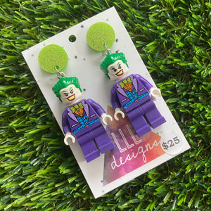 Clown Villain Brick Character Earrings - Featuring Glittery Light Green top!