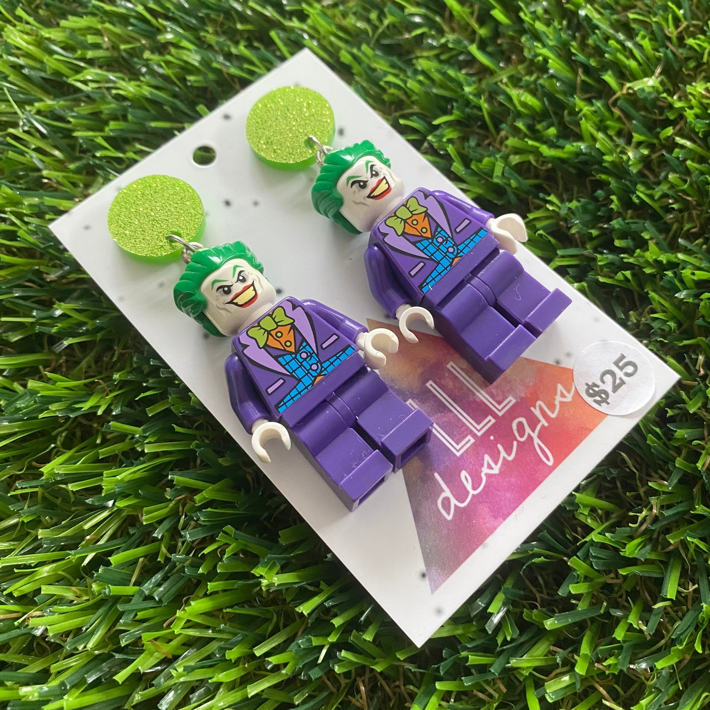 Clown Villain Brick Character Earrings - Featuring Glittery Light Green top!