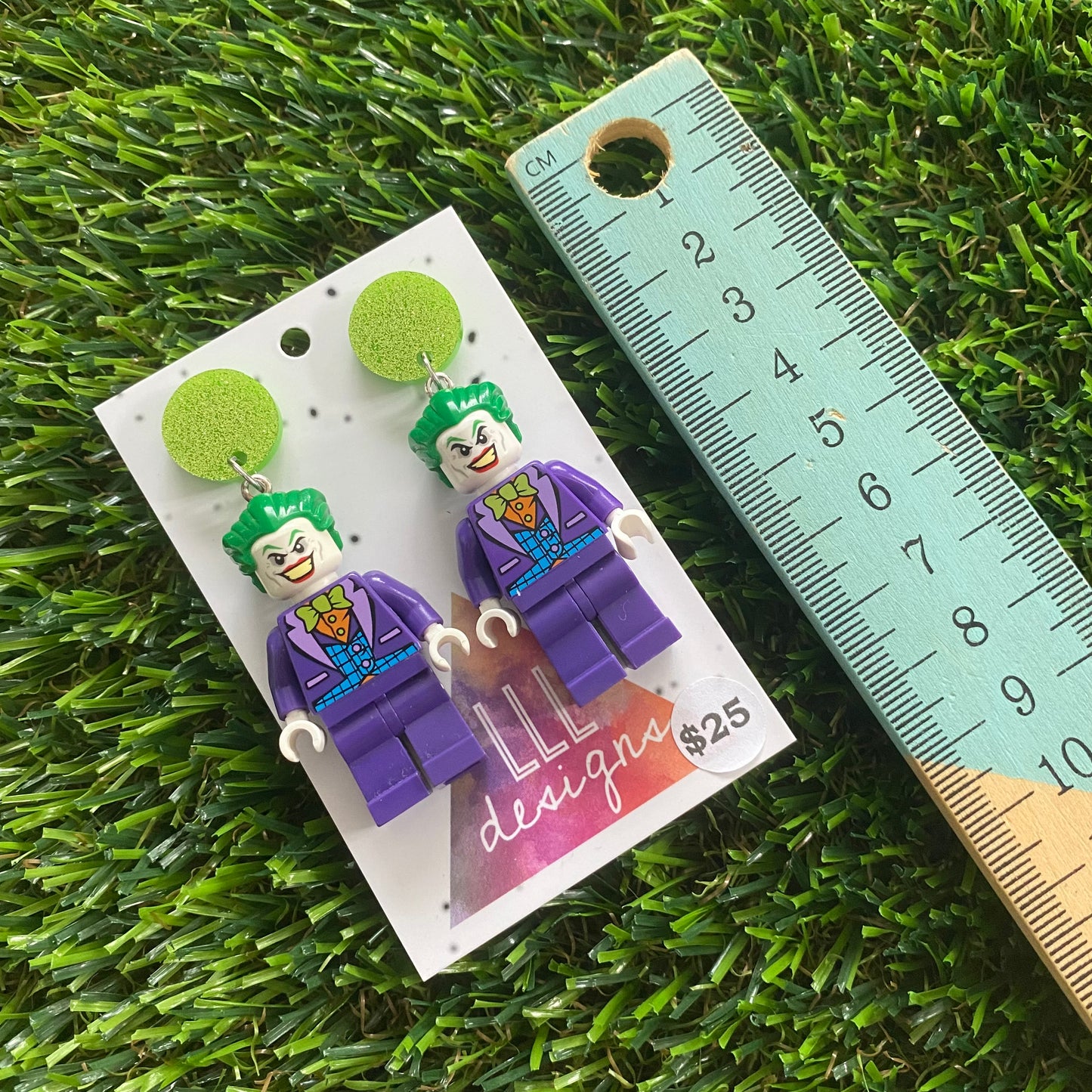 Clown Villain Brick Character Earrings - Featuring Glittery Light Green top!